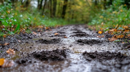 Muddy forest trail, autumn leaves, water puddles, hiking
