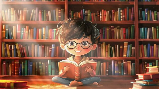 Ni&ntilde;o leyendo con entusiasmo en una acogedora biblioteca iluminada por rayos de luz