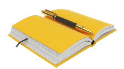 Yellow open book and pen 3D render icon isolated on white background