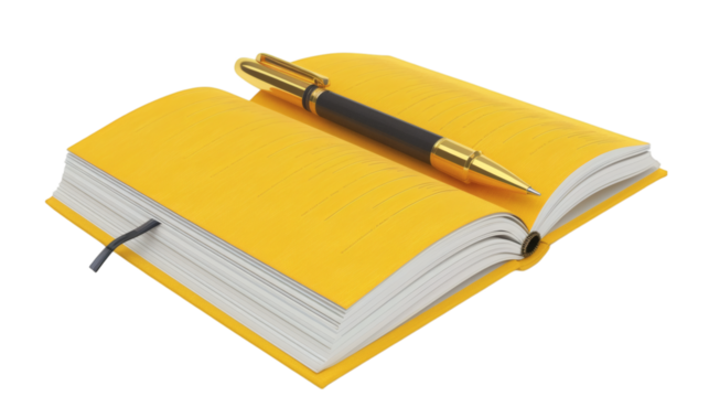 Yellow open book and pen 3D render icon isolated on white background