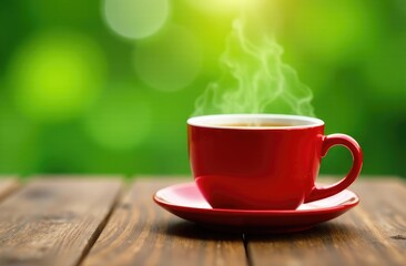 Fototapeta premium hot coffee in red mug on wooden table against green nature background