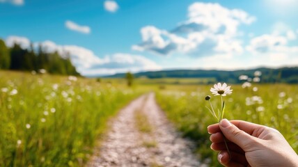 Hand holding daisy on path in sunny meadow with blue sky and fluffy clouds
