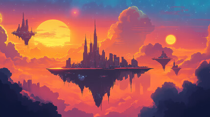 Floating city, celestial bodies, cloudscape, sunset hues. Celestial Spire. Illustration