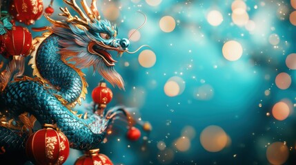 Fototapeta premium Traditional Chinese dragon and lanterns for Lunar New Year. Wide format perfect for web and email banners. 3D rendered oriental dragon with bokeh lights and festive decorations for digital marketing