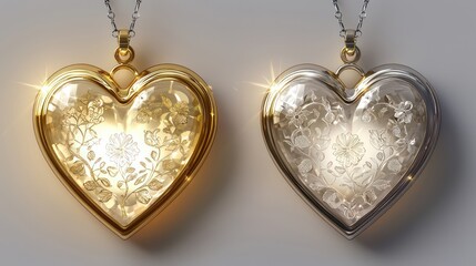 Delicate heart-shaped love lockets with gold or silver finish, engraved with floral designs, softly glowing, cutout on a transparent (PNG) background