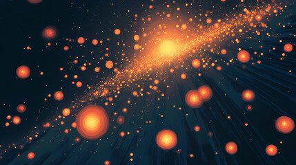 Mysterious cosmic landscape filled with orange celestial objects against a dark backdrop at twilight. Celestial Spire. Illustration