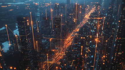 Fototapeta premium Smart digital Innovation city with connection network reciprocity over the twilight cityscape. of future smart wireless digital city and social media networking systems that connects people with city