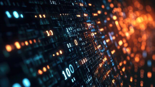 Abstract digital matrix with glowing binary code and dynamic light patterns