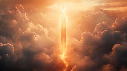 Fototapeta premium Towering glowing spire surrounded by mystical clouds and celestial light in a fantasy realm. Celestial Spire. Illustration