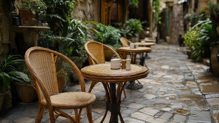 Rainy day cafe, cobblestone alley, plants, Europe