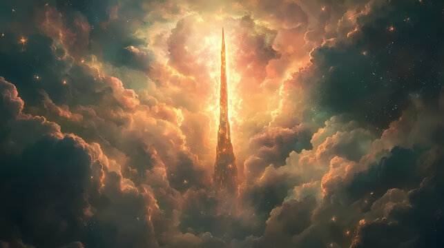 Towering glowing spire surrounded by mystical clouds and celestial light in a fantasy realm. Celestial Spire. Illustration