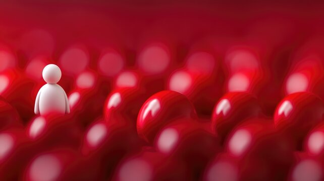 White figure stands out among many red spheres, symbolizing uniqueness