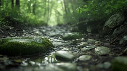 Fototapeta premium A tranquil forest path bordered by lush greenery and pebbles, bathed in soft light, inviting reflection and serenity.