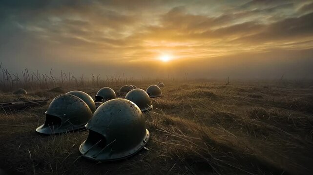 Helmets grassy field sunrise,misty ambiance.Old military resting open dawn.War remnants linger peaceful morning.brings solemn mood historic site.Silence echoes memories conflicts.