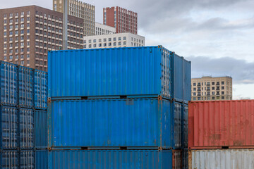 Close view of shipping containers at seaport.
