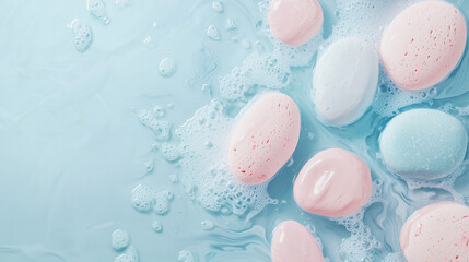 Obraz premium Light blue pastel background with painted light pink and light blue round sea pebbles and light pink and light blue ink splashes in water. Banner with Copy Space and with place for text