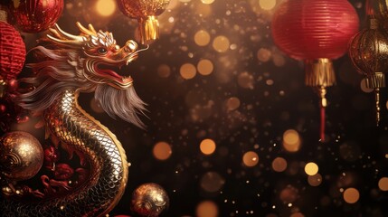 Obraz premium Traditional Chinese New Year Template. Wide format perfect for web and email banners. 3D rendered oriental dragon with bokeh lights and festive decorations for digital marketing.