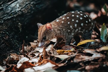Obraz premium A spotted quoll with distinctive spots, hunting among fallen leaves in a temperate rainforest in Tasmania.