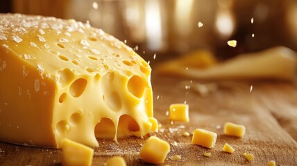 Close-up of Swiss cheese with holes on wooden surface