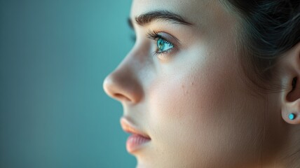 Fototapeta premium Side profile of young woman with light skin, looking thoughtful, set against soft blue background