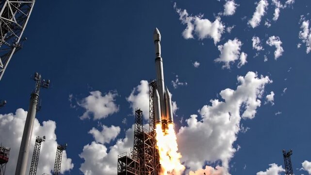 Atlas V Rocket on Mobile Launch Platform at Spaceport, Preparing for Orbit Mission