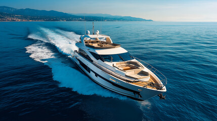 View of a motor boat. Luxury transportation. Vacation and holidays. Summer time for sea travel