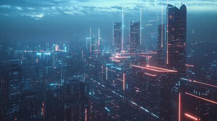 Fototapeta premium Smart digital Innovation city with connection network reciprocity over the twilight cityscape. of future smart wireless digital city and social media networking systems that connects people with city