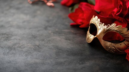Gold masquerade mask with roses on dark background