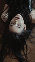 Woman in latex suit expressing pleasure.
