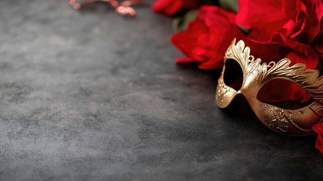 Gold masquerade mask with roses on dark background