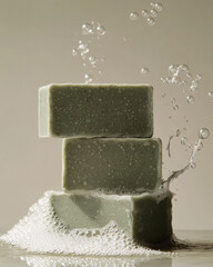 Stack of three natural green soap bars with splashing water and bubbles