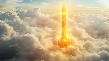 Celestial golden city floating above cloudscape. Celestial Spire. Illustration