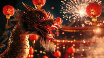 Fototapeta premium Traditional Chinese dragon and lanterns for Lunar New Year. Wide format perfect for web and email banners. 3D rendered oriental dragon with bokeh lights and festive decorations for digital marketing