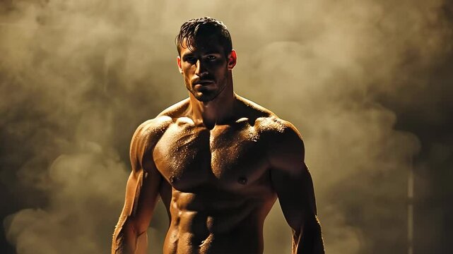 Shirtless male athlete posing dramatically misty ambiance.Muscular man captured dramatic lighting night.fitness model showcases strength and physique dark setting.Emphasis muscle definition pose