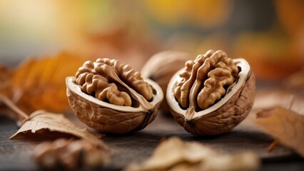 Fototapeta premium Freshly cracked walnuts surrounded by autumn leaves on a rustic wooden surface
