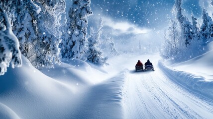Two people sledding on snowy path through forest under falling snowflakes