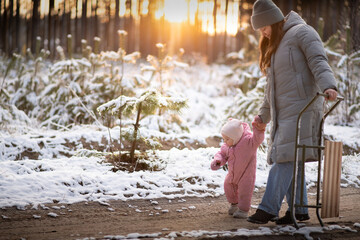 Mother walking in snowy forest with daughter in pink snowsuit and sled