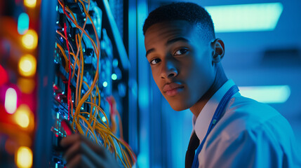 Young IT Technician Organizing Cables in Server Room