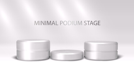 3D podium with white metallic shine and round product on window light background. In minimalist design. Studio showcase for cosmetic products, fashion stage for mockup display.