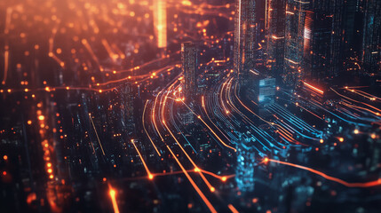 Fototapeta premium Smart digital Innovation city with connection network reciprocity over the twilight cityscape. of future smart wireless digital city and social media networking systems that connects people with city