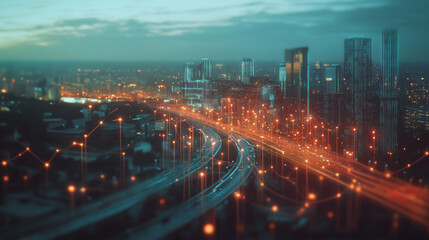 Fototapeta premium Smart digital Innovation city with connection network reciprocity over the twilight cityscape. of future smart wireless digital city and social media networking systems that connects people with city