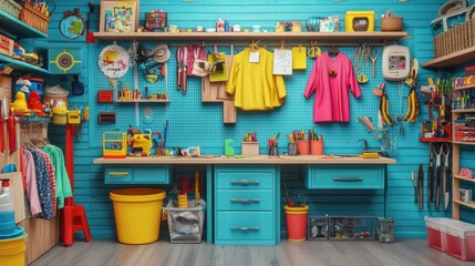 Colorful kids' workshop room, crafting, toys, tools, organization