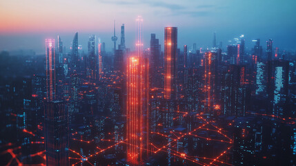 Fototapeta premium Smart digital Innovation city with connection network reciprocity over the twilight cityscape. of future smart wireless digital city and social media networking systems that connects people with city