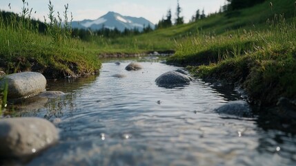Fototapeta premium A gentle mountain stream winds through a verdant landscape, with mountains looming majestically in the backdrop under a clear sky.