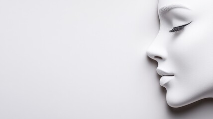 Profile of serene, white plaster female face with smooth features on plain background
