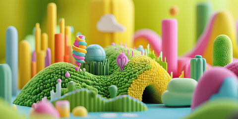 Three-Dimensional Pastel Landscape with Textured Hills and Candy-like Structures