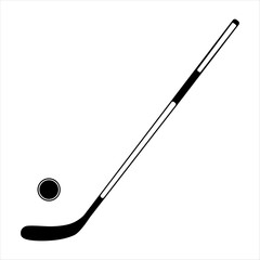 Hockey stick and puck icon. Single silhouette black vector illustration. Symbol stock illustration for web, sports apps.