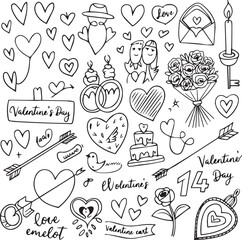 Valentine's Day doddle set in black hand drawing style