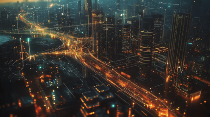 Fototapeta premium Smart digital Innovation city with connection network reciprocity over the twilight cityscape. of future smart wireless digital city and social media networking systems that connects people with city
