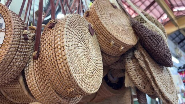 Woven Basket on a Reflective Floor. Backet Moving Towards the Camera. 4K